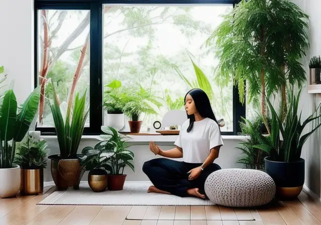 A peaceful workspace with a person practicing Reiki meditation, surrounded by calming elements such as crystals and plants