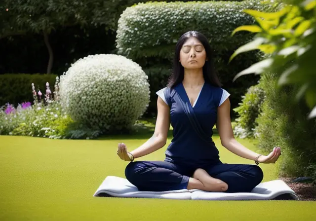 Mulher meditando em um jardim tranquilo